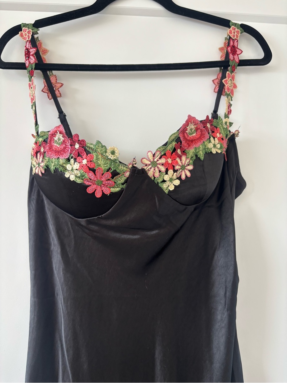 Hello Molly Black Satin Maxi Dress with Pink & Green Floral Straps - Picture 4 of 5